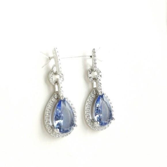 Nwt Ceylon Blue Sapphire CZ halo drop earrings in Sterling Silver - Picture 6 of 10